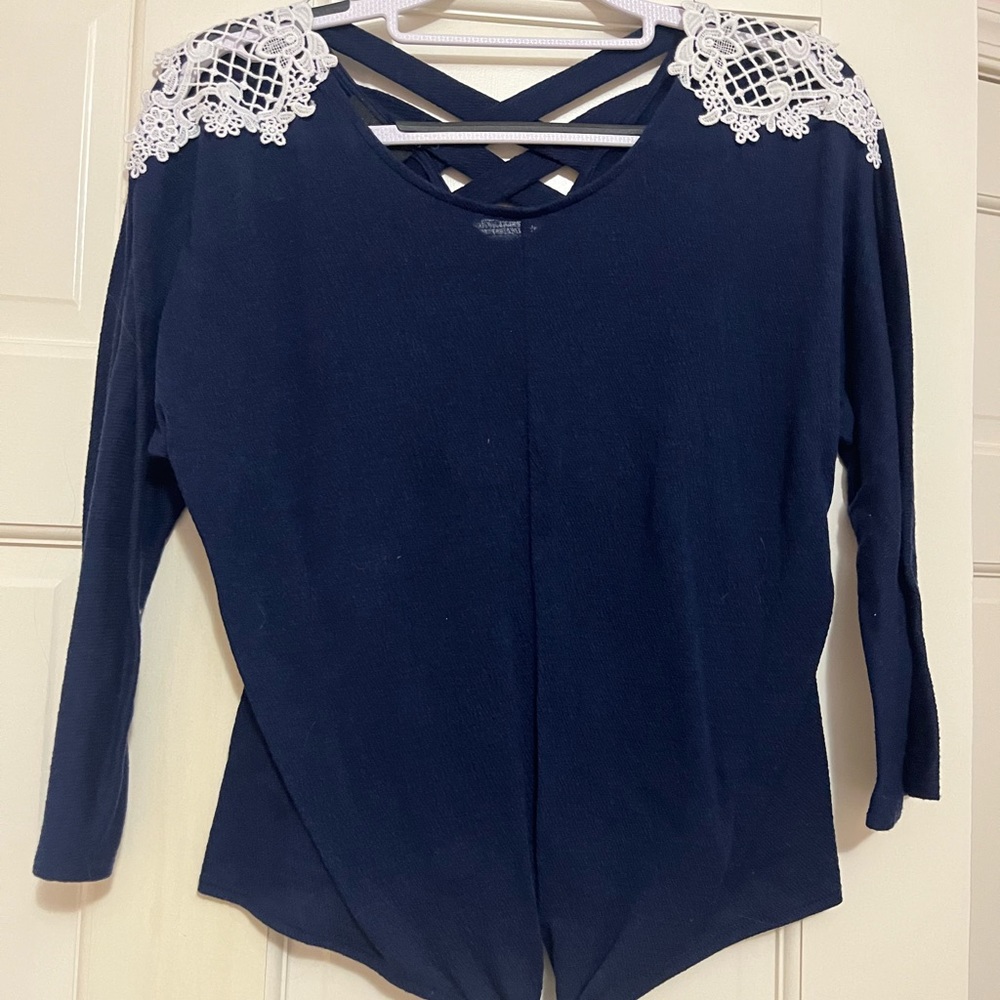 Blue Long-sleeve Shirt with White Lace Shoulders